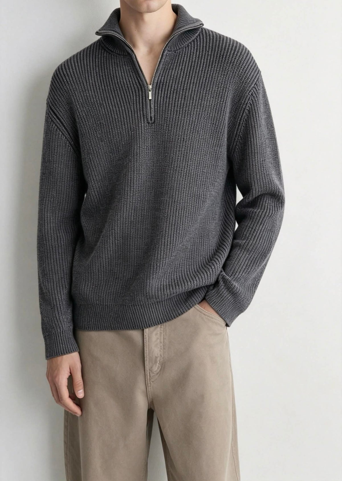 Washed Faded Ribbed Quater-Zip Mock Neck Sweater