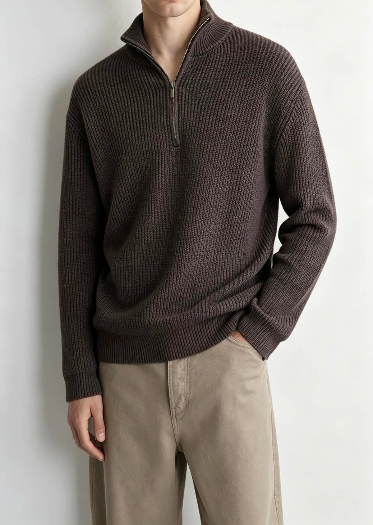 Washed Faded Ribbed Quater-Zip Mock Neck Sweater